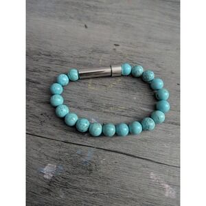 Blue Turquoise Beaded Bracelet Silver Magnetic Clasp Boho Jewelry